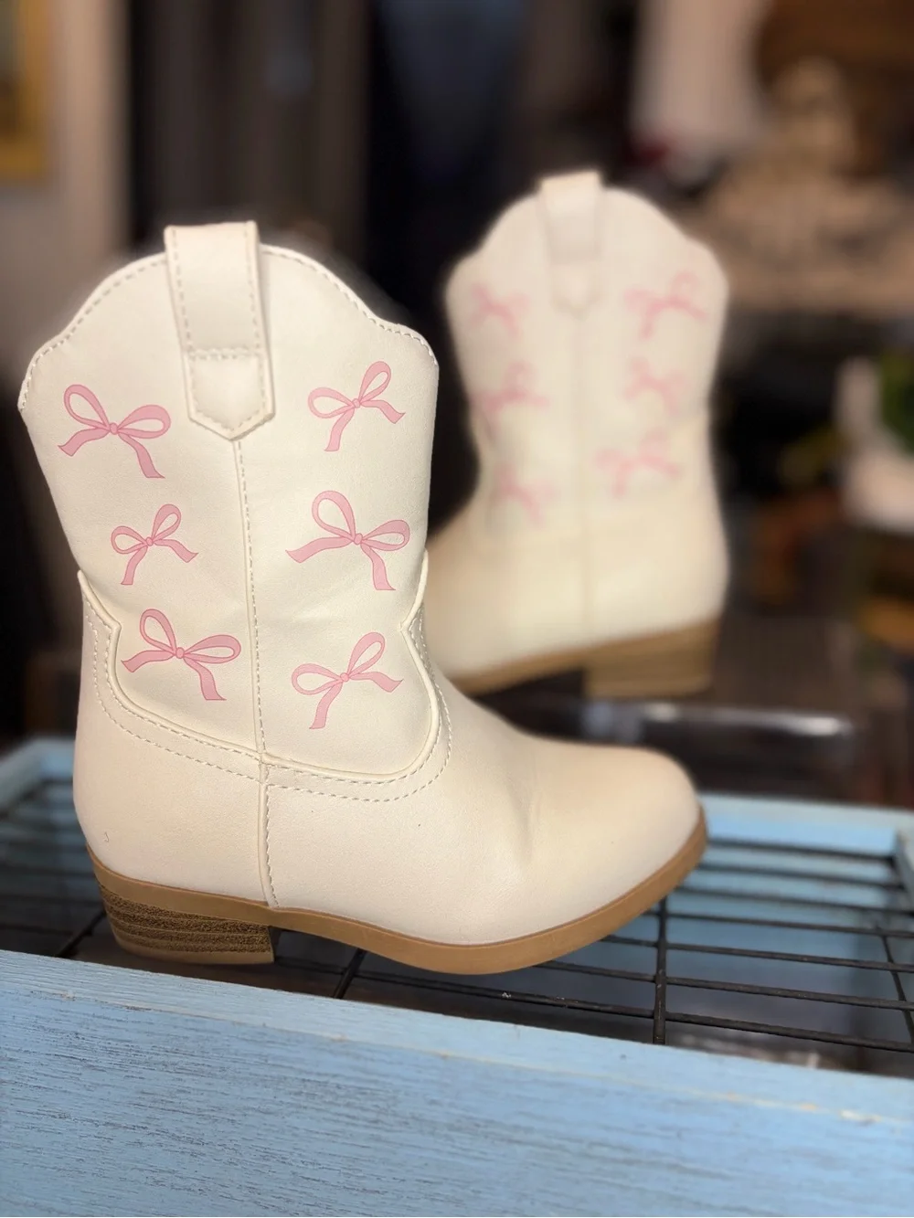 Wonder Nation Girls' White Pink Western Boots Bow Accents Block Heel Size 8